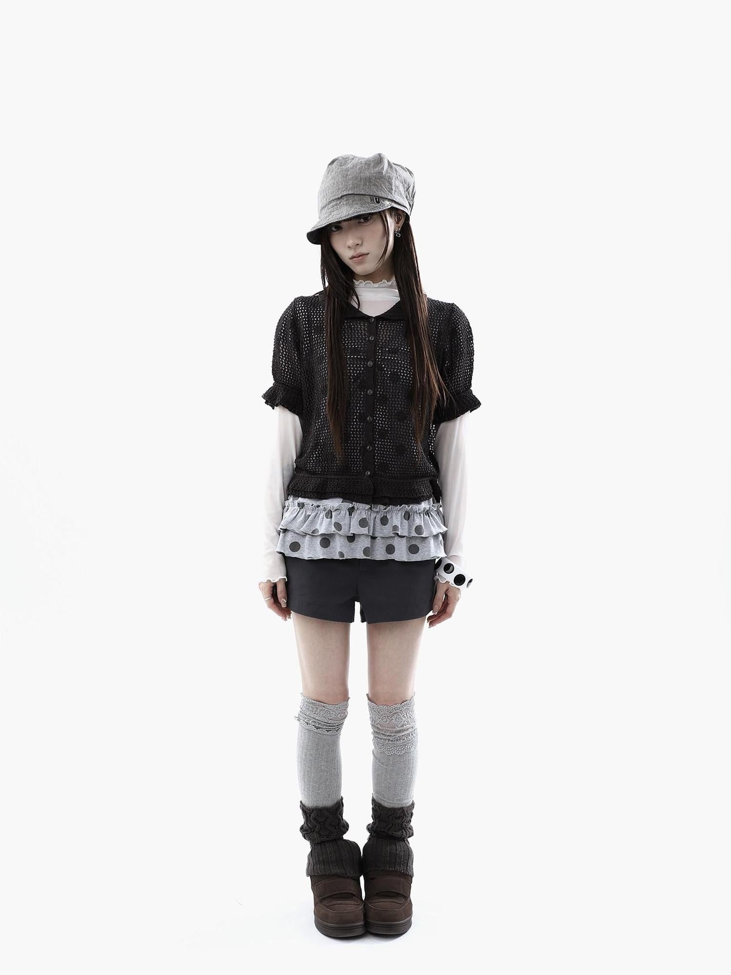 ang project Hollowout Single Button Puff Collar Women&