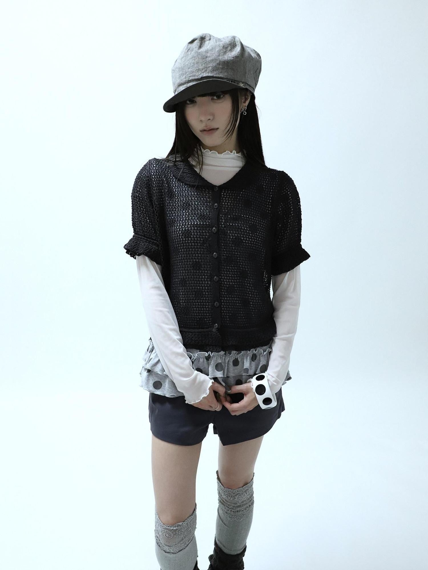 ang project Hollowout Single Button Puff Collar Women&