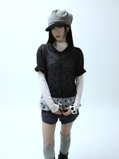 ang project Hollowout Single Button Puff Collar Women&
