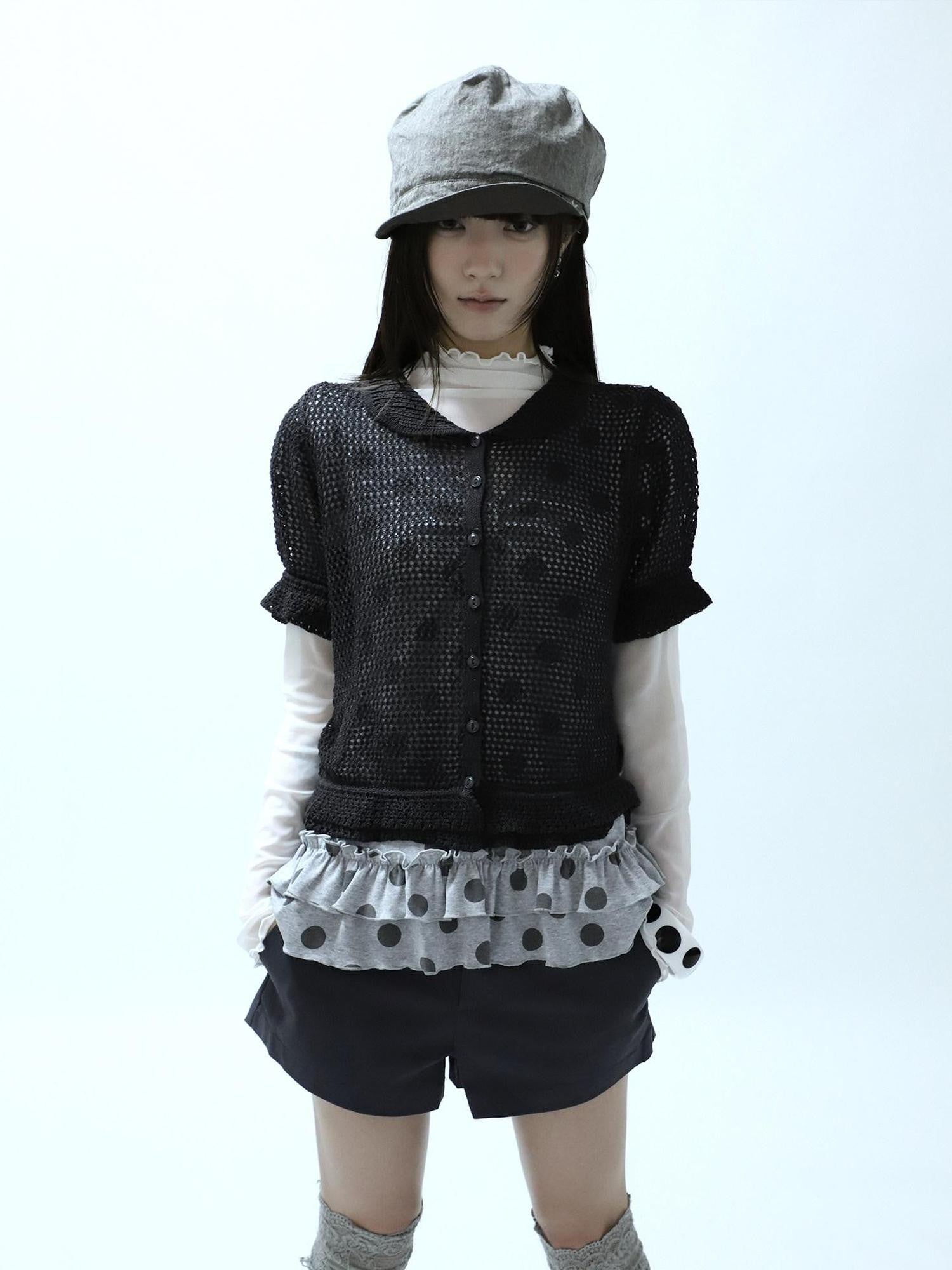 ang project Hollowout Single Button Puff Collar Women&