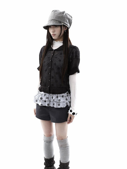ang project Hollowout Single Button Puff Collar Women&
