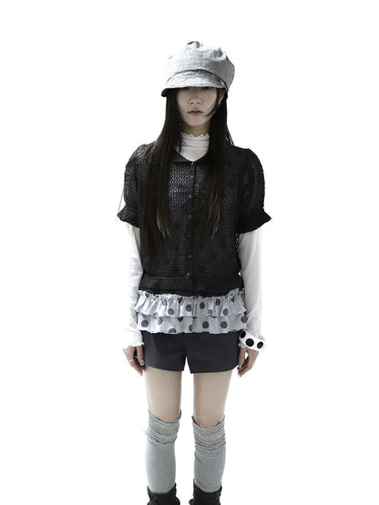 ang project Hollowout Single Button Puff Collar Women&