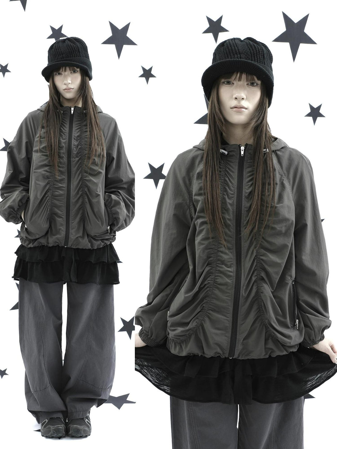 ang project Hooded Pleated Drawstring Zip Women&
