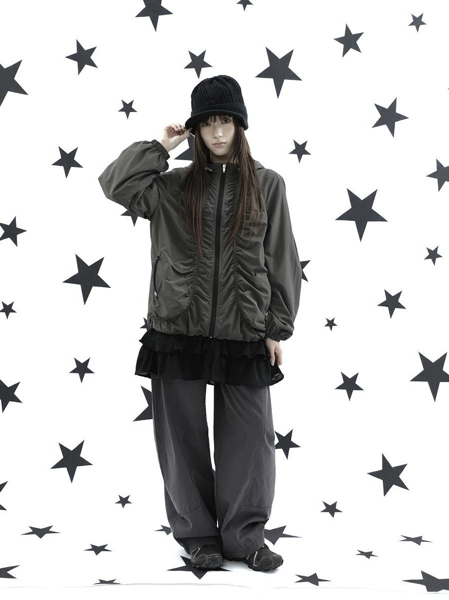 ang project Hooded Pleated Drawstring Zip Women&