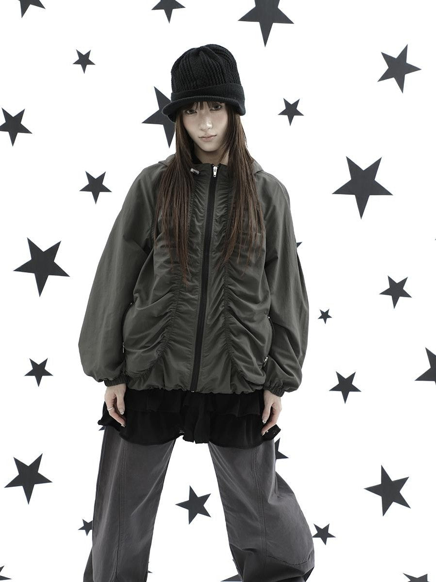 ang project Hooded Pleated Drawstring Zip Women&
