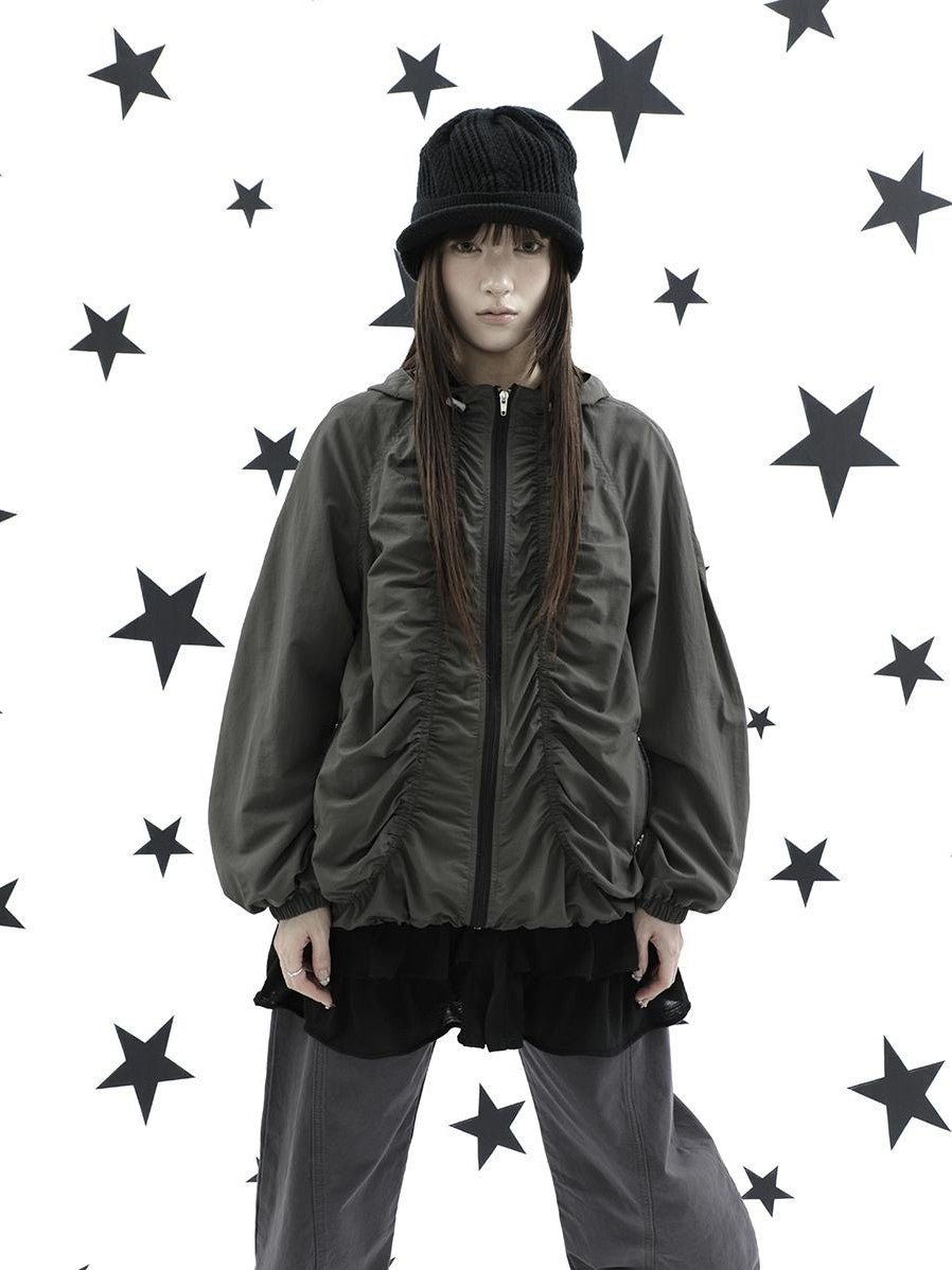 ang project Hooded Pleated Drawstring Zip Women&