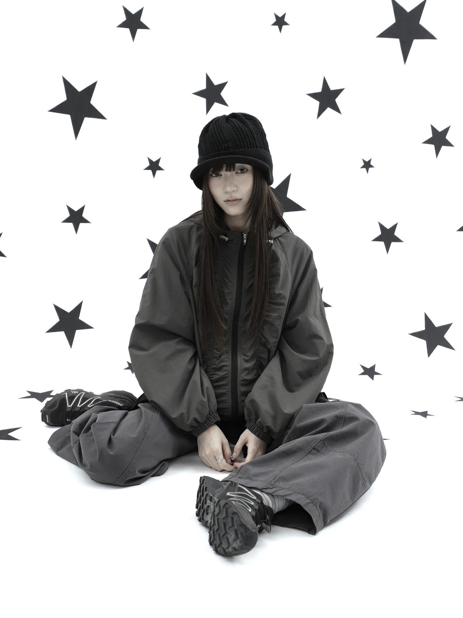 ang project Hooded Pleated Drawstring Zip Women&