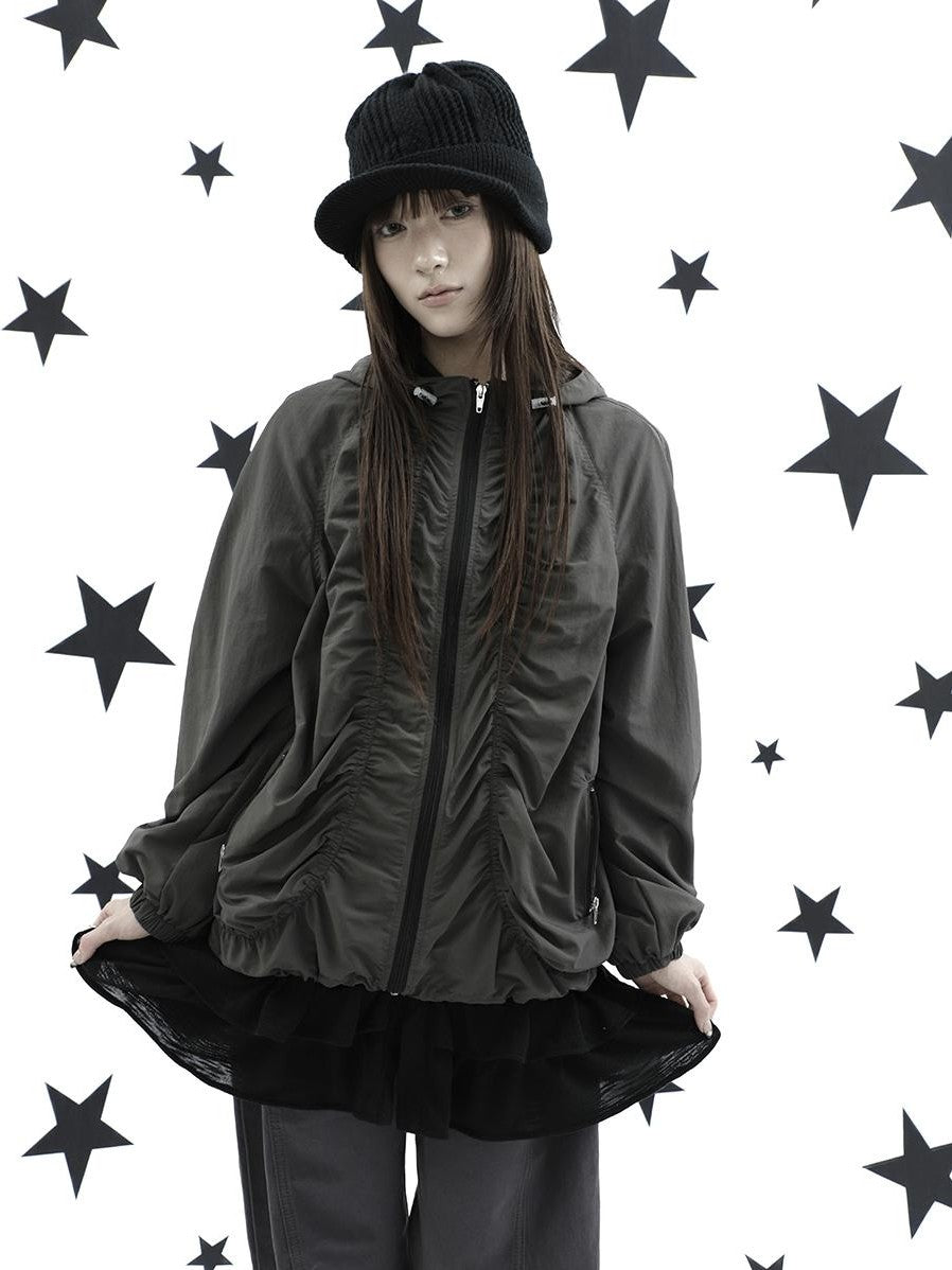 ang project Hooded Pleated Drawstring Zip Women&