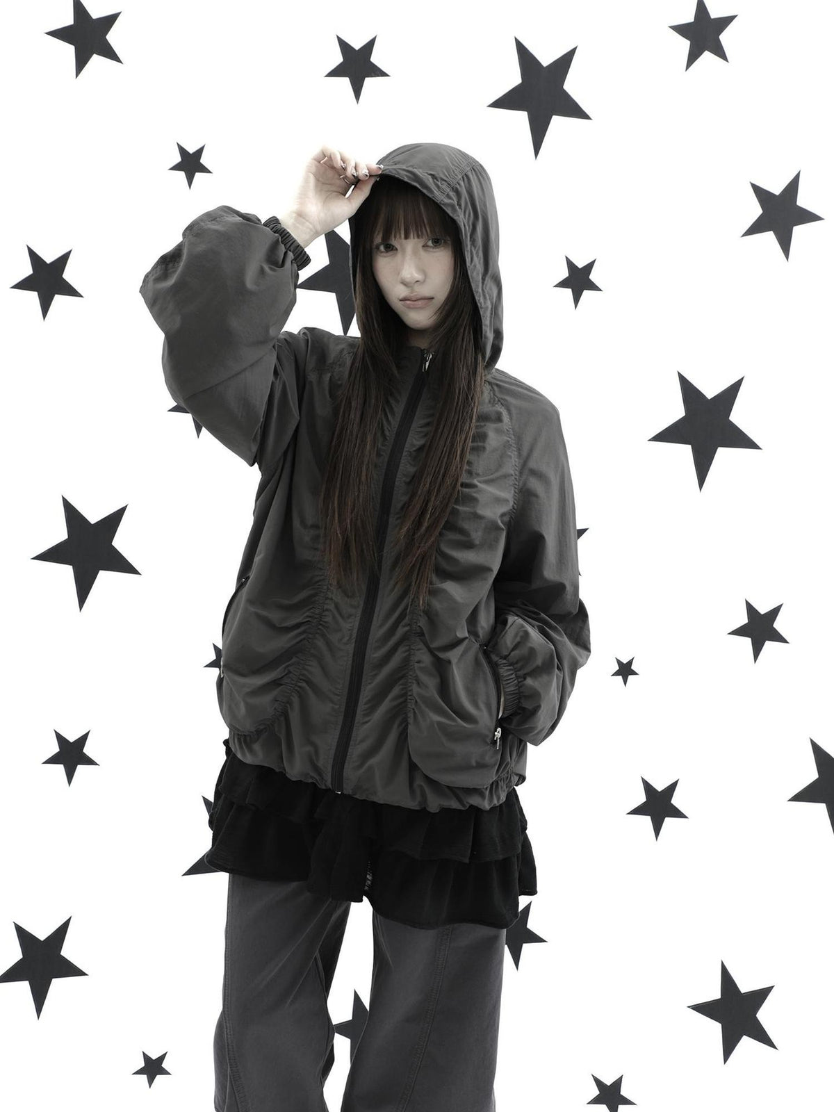 ang project Hooded Pleated Drawstring Zip Women&