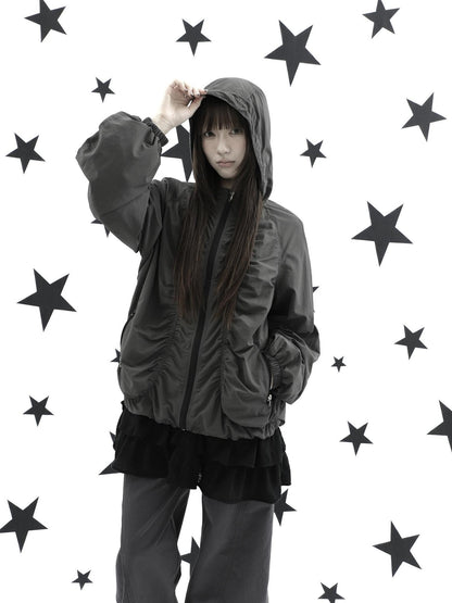 ang project Hooded Pleated Drawstring Zip Women&