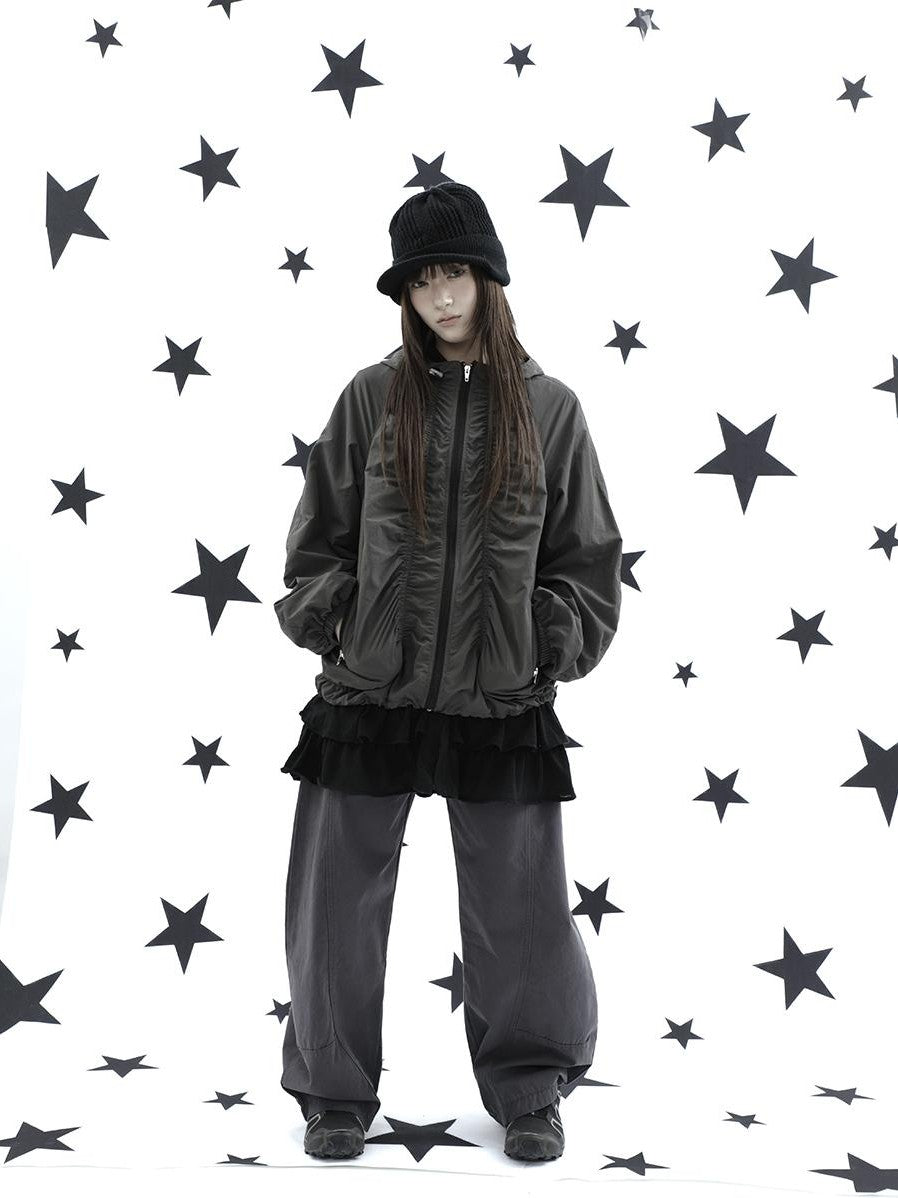 ang project Hooded Pleated Drawstring Zip Women&