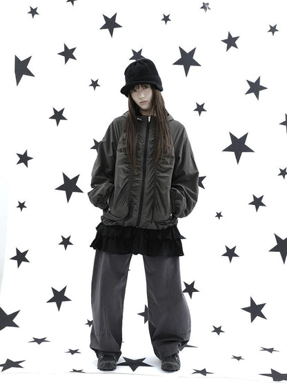 ang project Hooded Pleated Drawstring Zip Women&