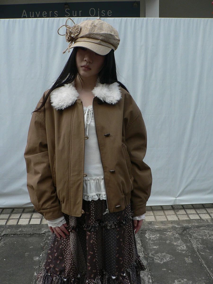 ang project Insulated Cropped Vintage Loose Fit Fur Collar Women Zip Puffer Jacket