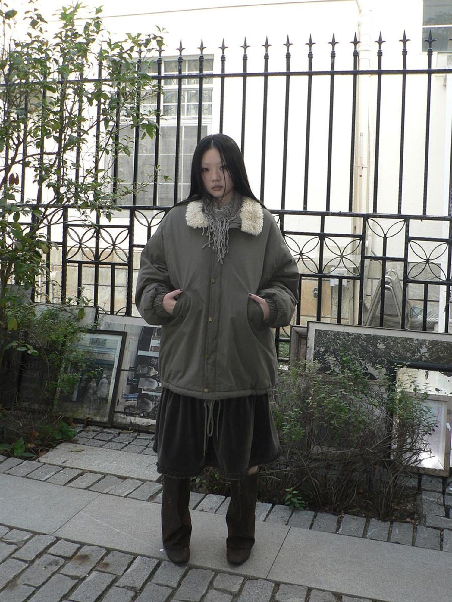 ang project Insulated Thick Loose Retro Commuter Lapel Buttons Green Puffer Jacket