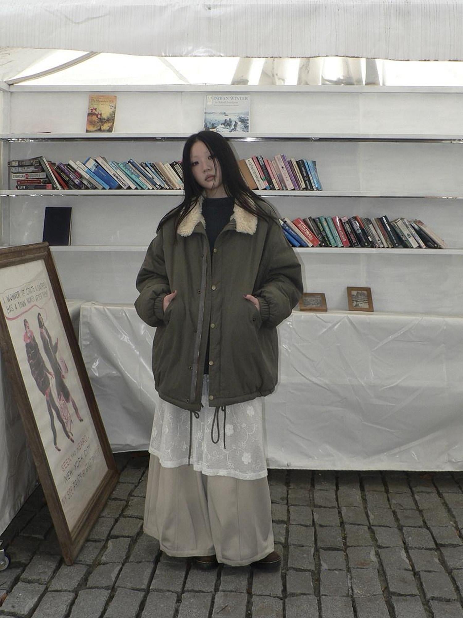 ang project Insulated Thick Loose Retro Commuter Lapel Buttons Green Puffer Jacket