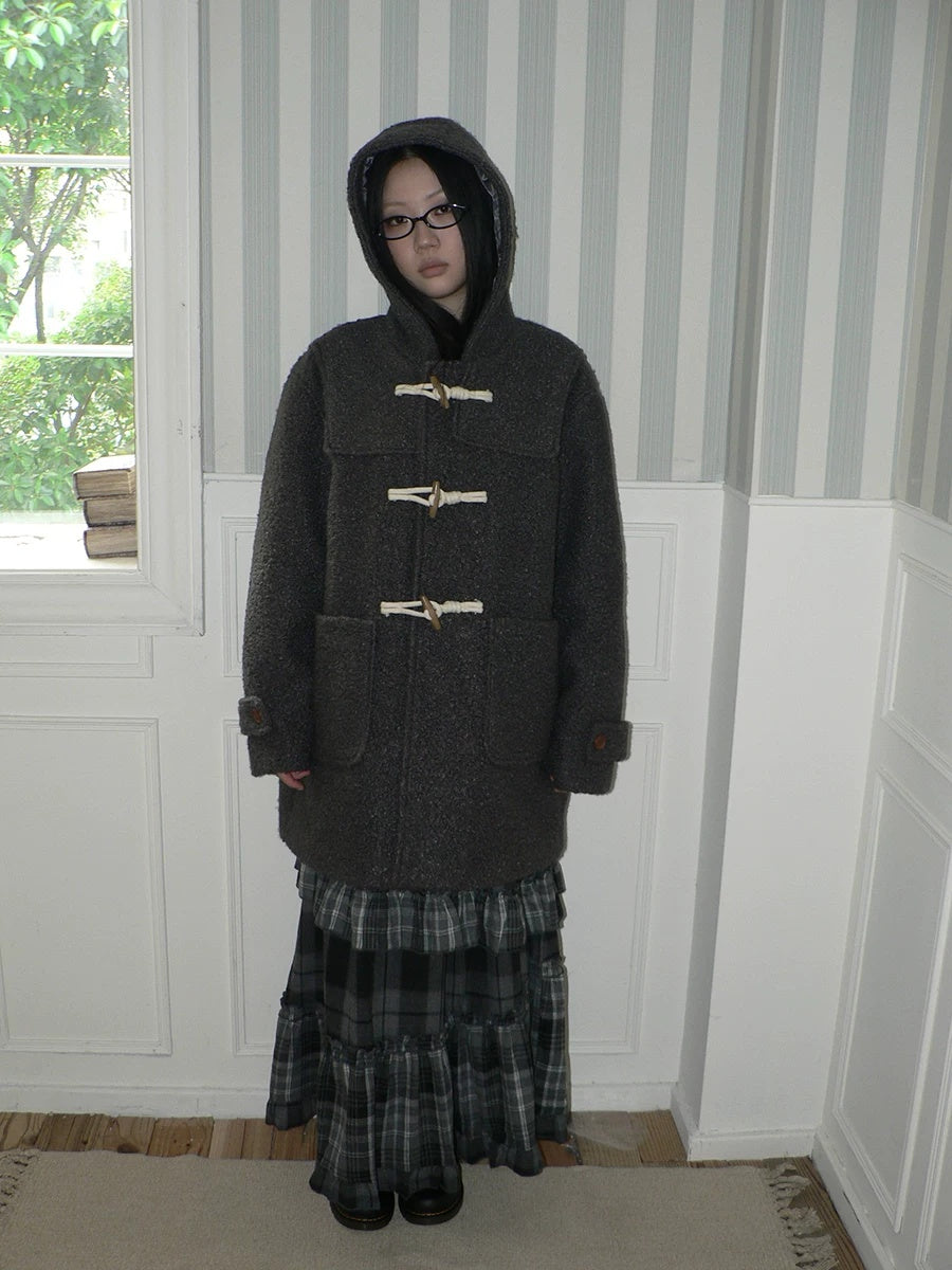 ang project Insulated Vintage Commuter Loose Hooded Midlength Women Toggle Pocket Gray Coat