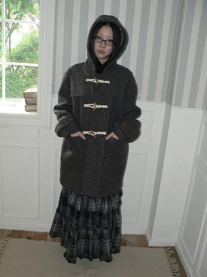 ang project Insulated Vintage Commuter Loose Hooded Midlength Women Toggle Pocket Gray Coat