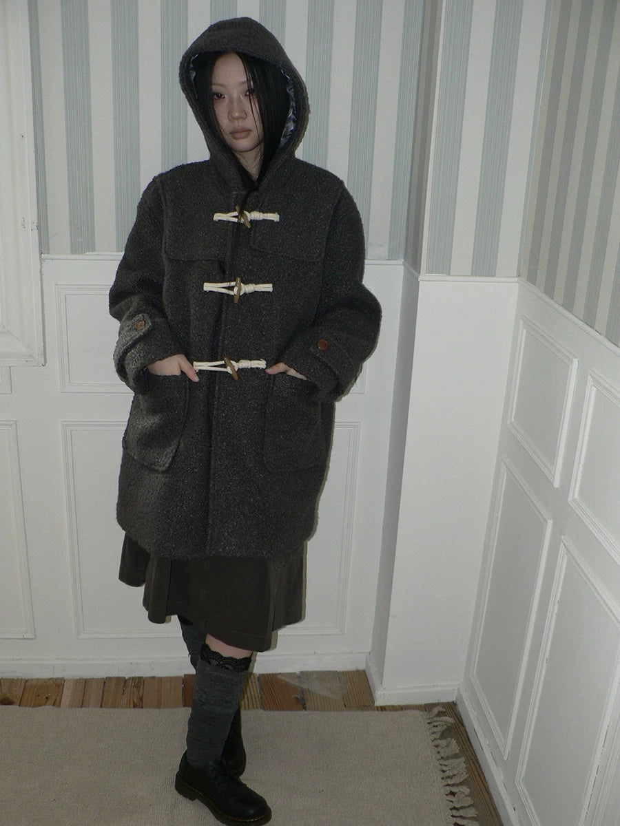 ang project Insulated Vintage Commuter Loose Hooded Midlength Women Toggle Pocket Gray Coat