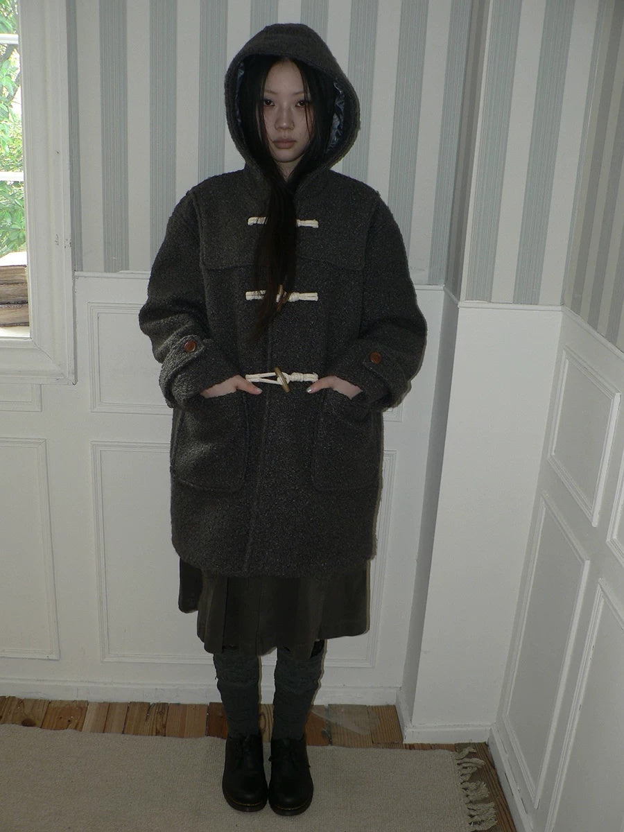 ang project Insulated Vintage Commuter Loose Hooded Midlength Women Toggle Pocket Gray Coat