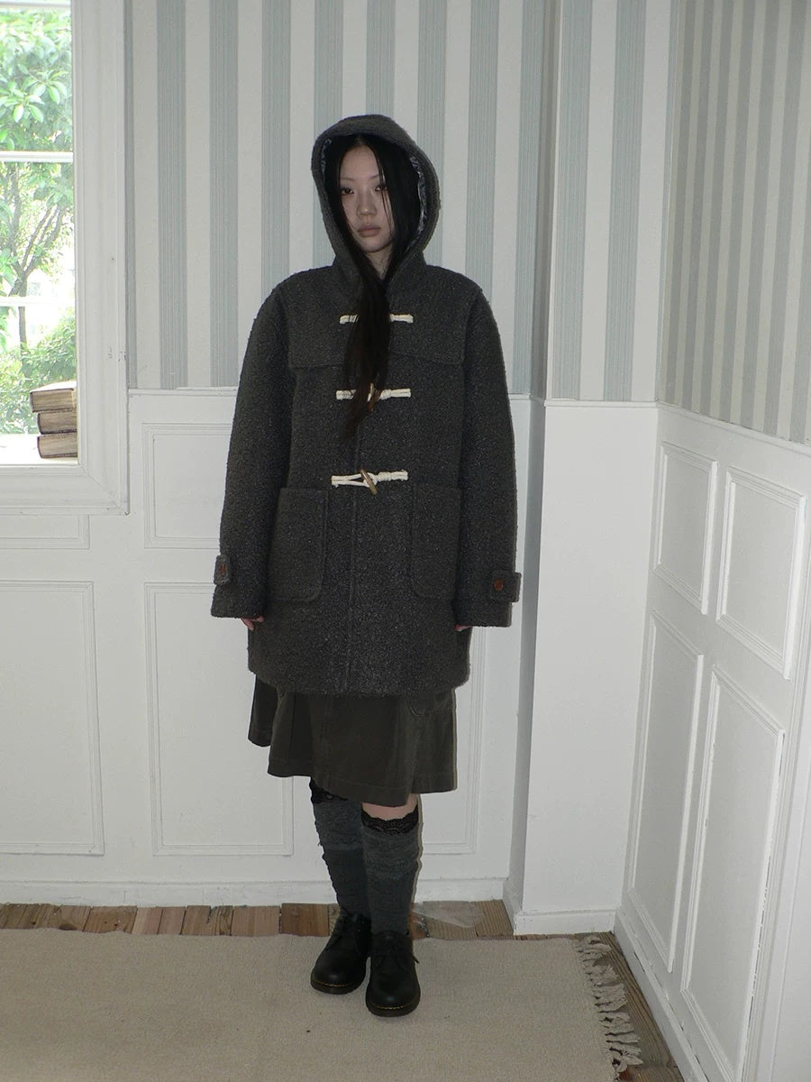 ang project Insulated Vintage Commuter Loose Hooded Midlength Women Toggle Pocket Gray Coat