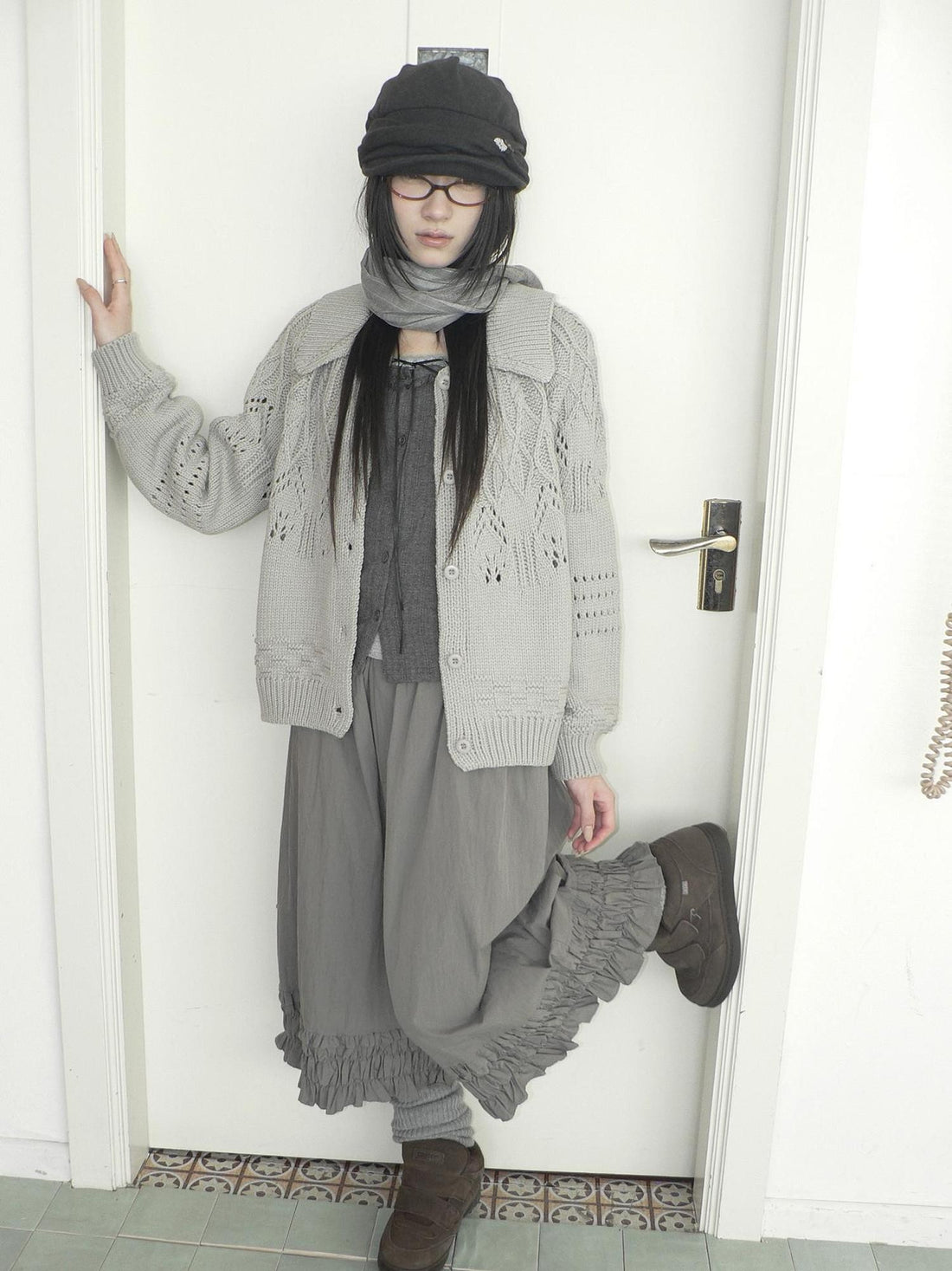ang project Jacquard Pointelle Collared Button Front Knit Women&