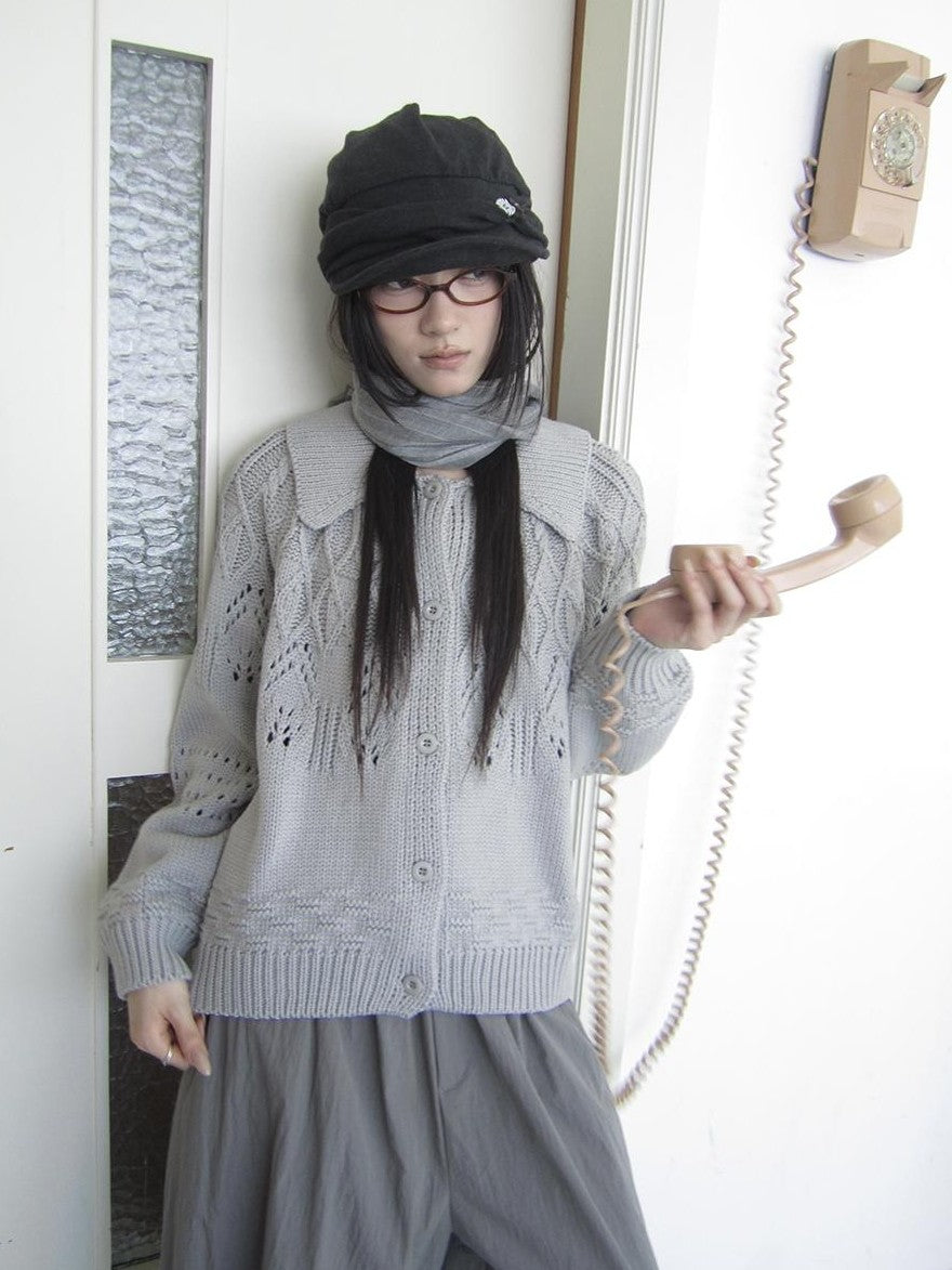 ang project Jacquard Pointelle Collared Button Front Knit Women&