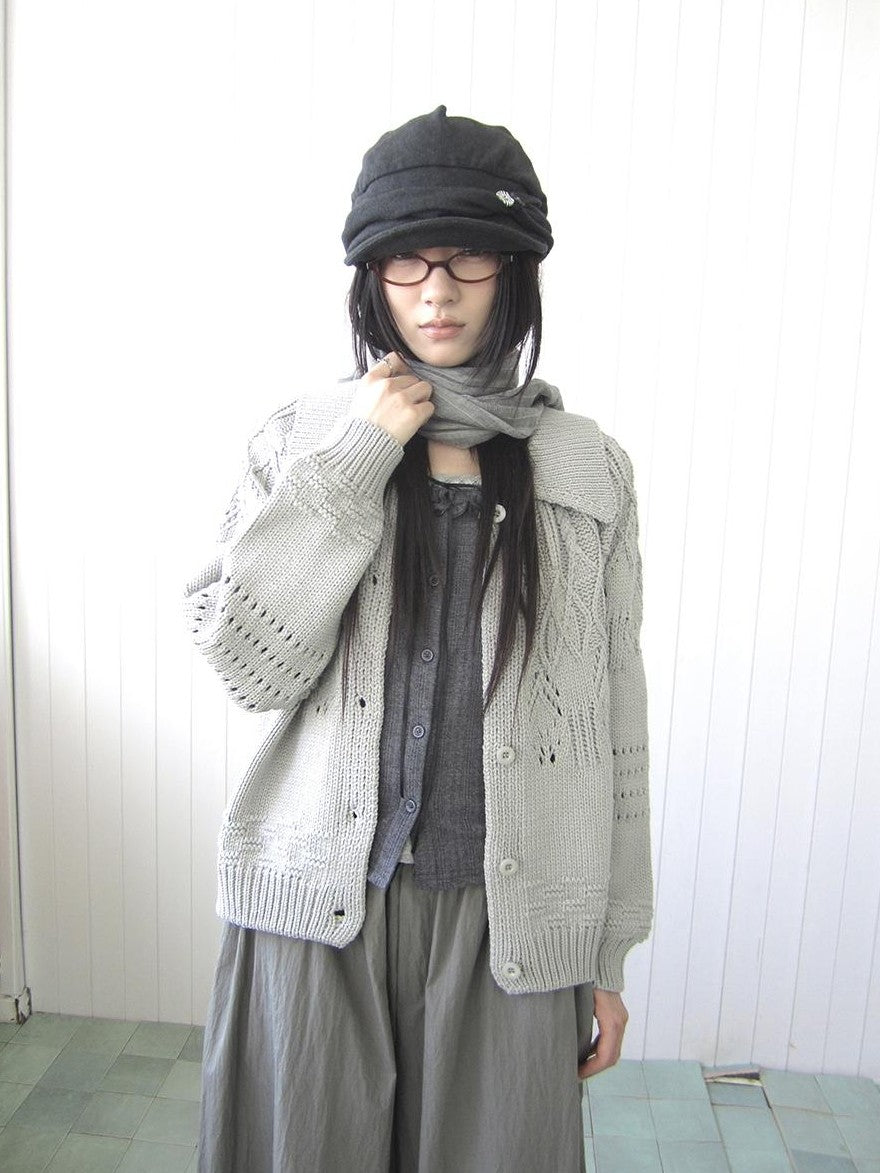 ang project Jacquard Pointelle Collared Button Front Knit Women&