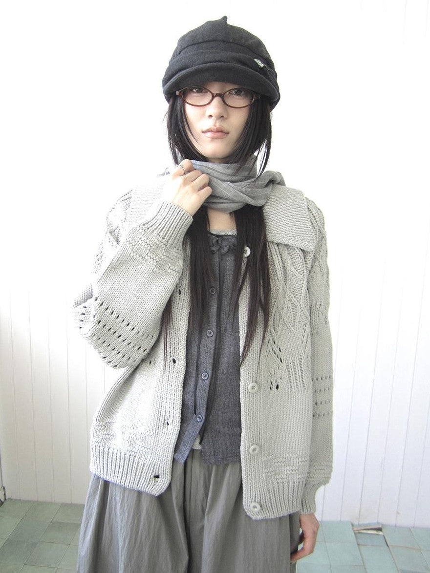 ang project Jacquard Pointelle Collared Button Front Knit Women&