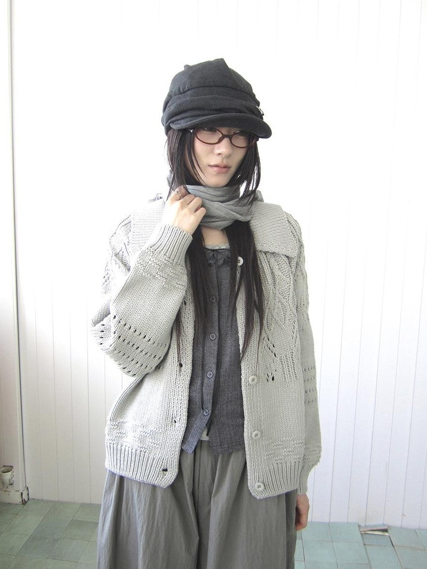ang project Jacquard Pointelle Collared Button Front Knit Women&