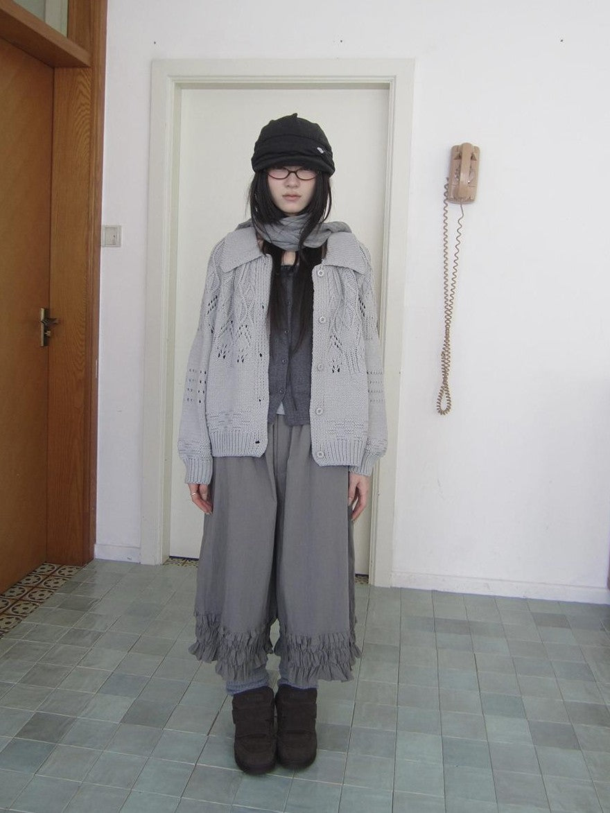 ang project Jacquard Pointelle Collared Button Front Knit Women&