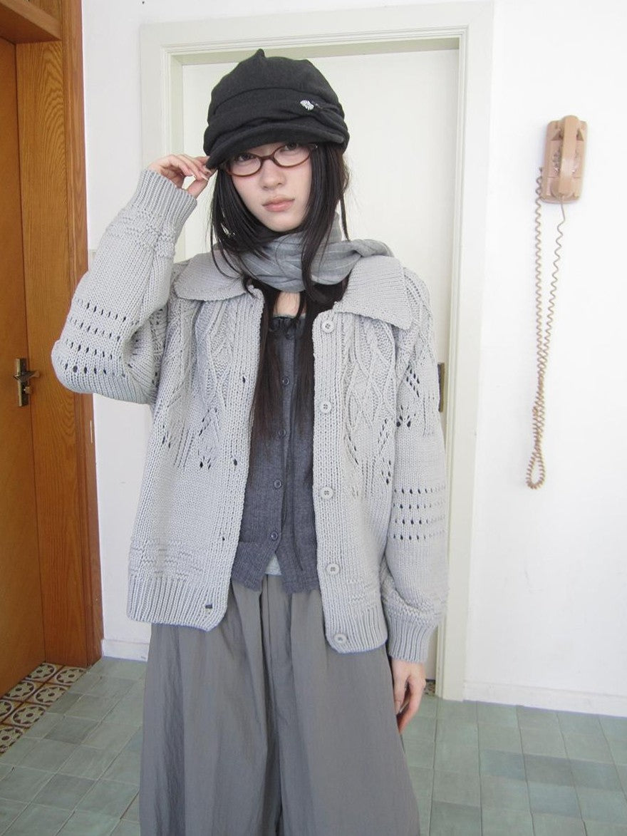 ang project Jacquard Pointelle Collared Button Front Knit Women&