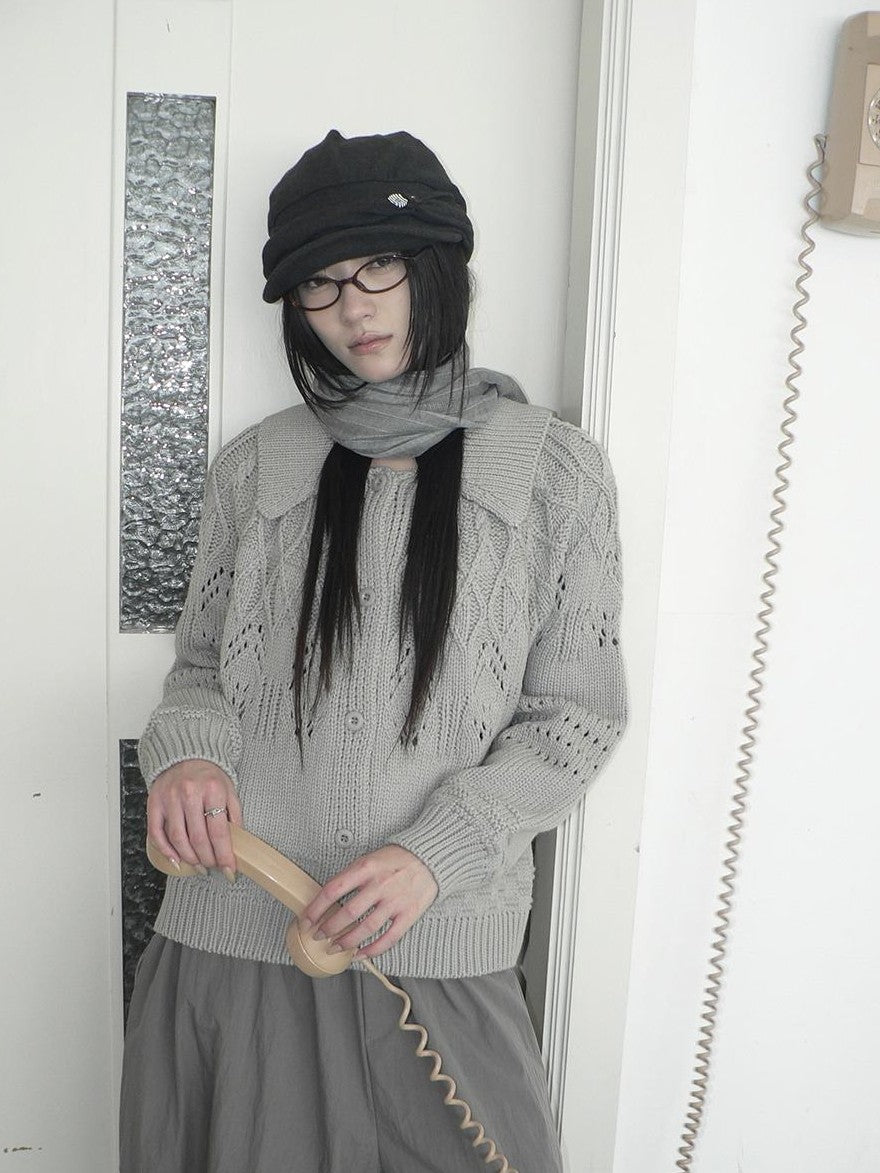 ang project Jacquard Pointelle Collared Button Front Knit Women&