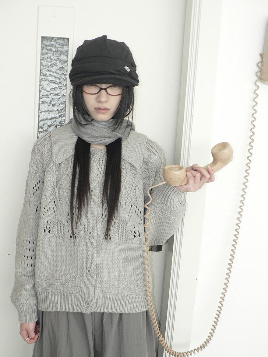 ang project Jacquard Pointelle Collared Button Front Knit Women&