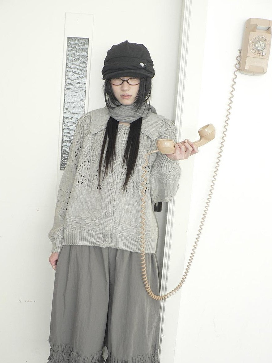 ang project Jacquard Pointelle Collared Button Front Knit Women&