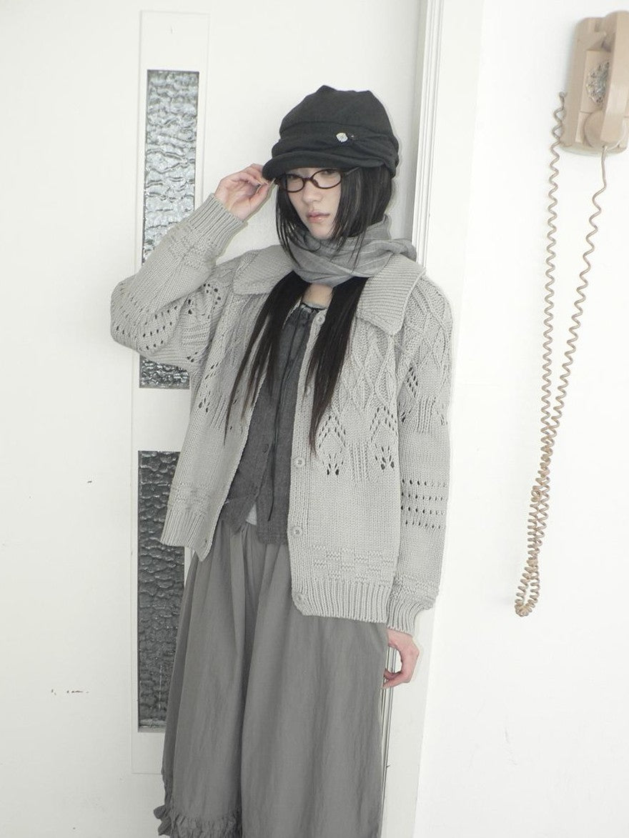 ang project Jacquard Pointelle Collared Button Front Knit Women&