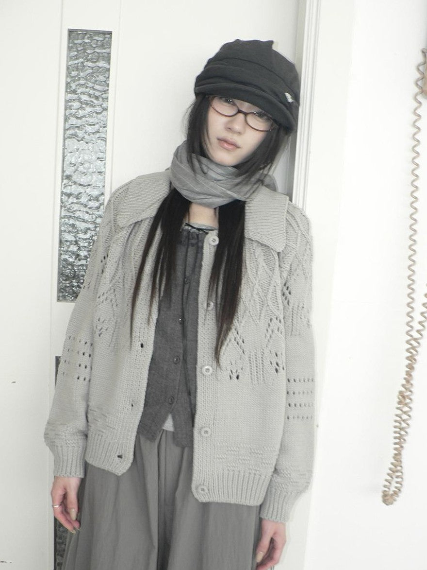 ang project Jacquard Pointelle Collared Button Front Knit Women&