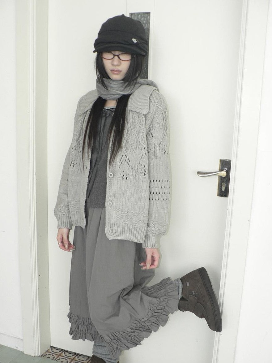 ang project Jacquard Pointelle Collared Button Front Knit Women&