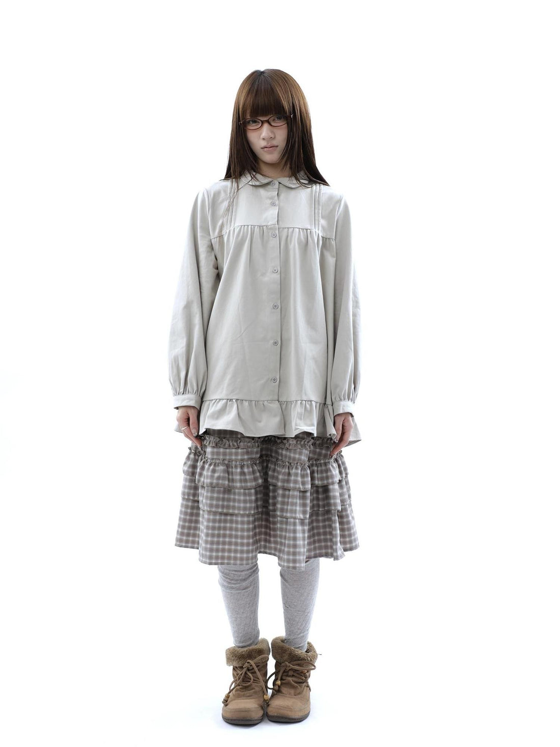 ang project Japanese Pleated Patchwork Ruffle Collar Buttoned Women&