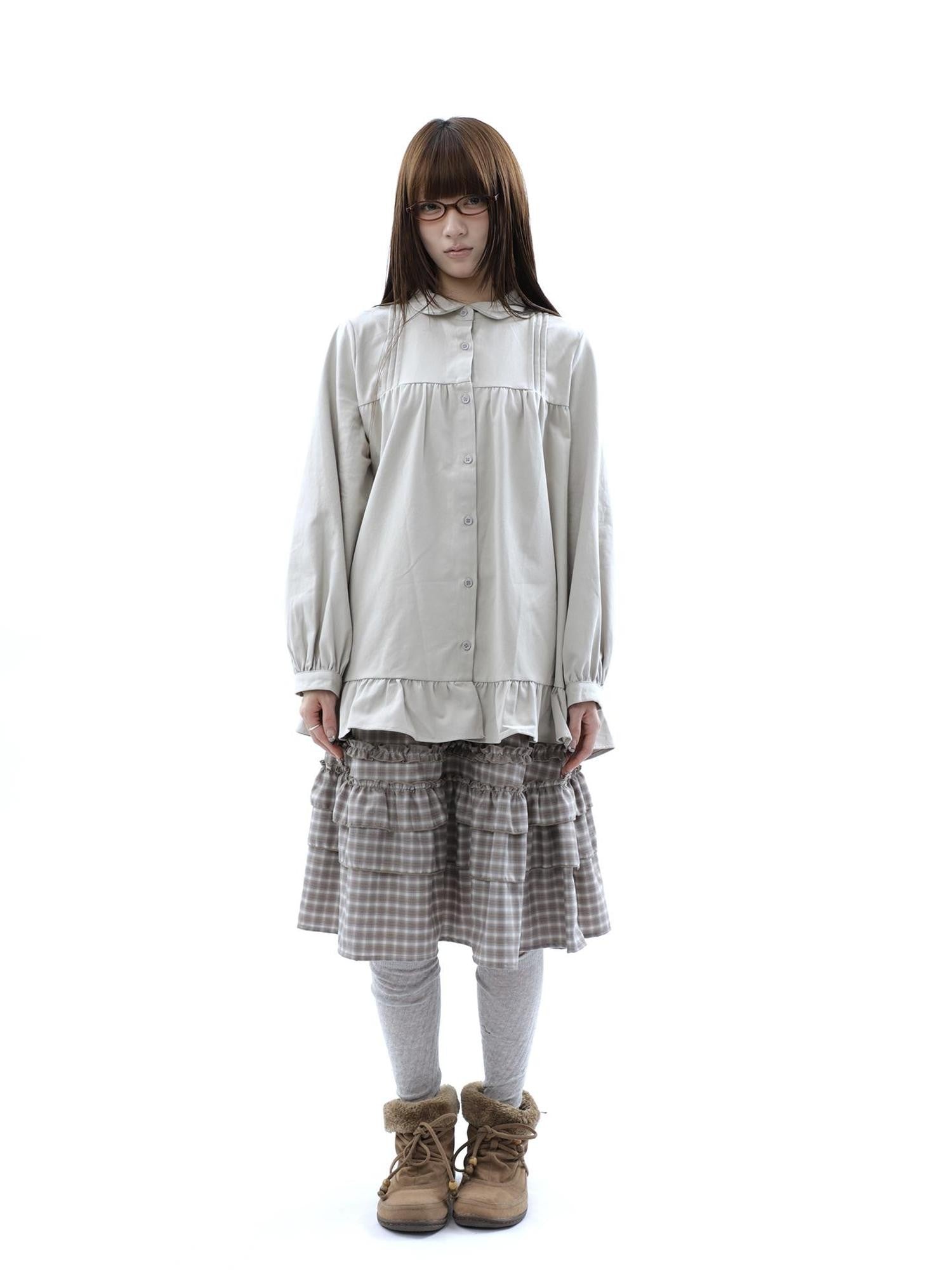 ang project Japanese Pleated Patchwork Ruffle Collar Buttoned Women&