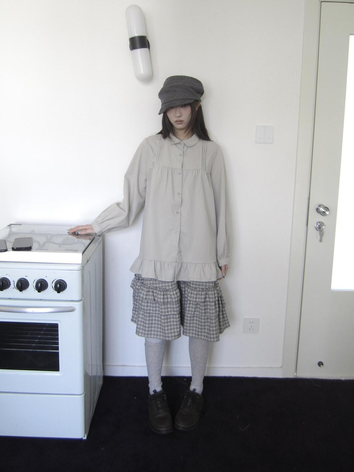 ang project Japanese Pleated Patchwork Ruffle Collar Buttoned Women&