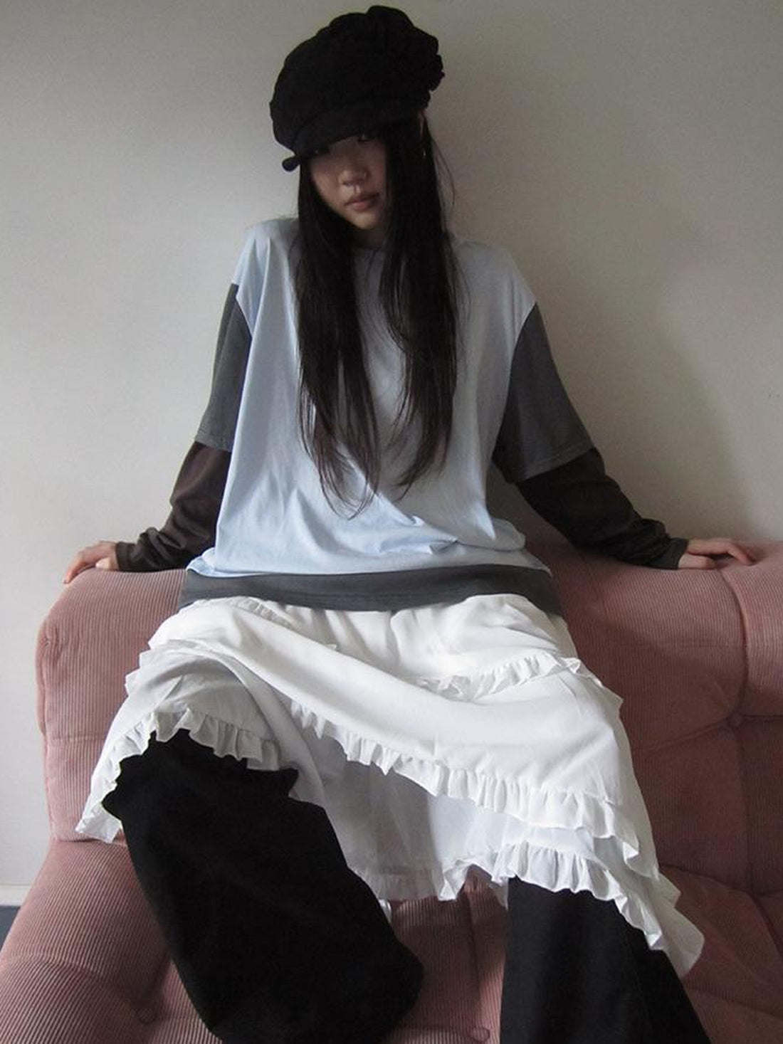Updateang project Japanese Style Color Block Drop Shoulder Long Sleeve T-shirt