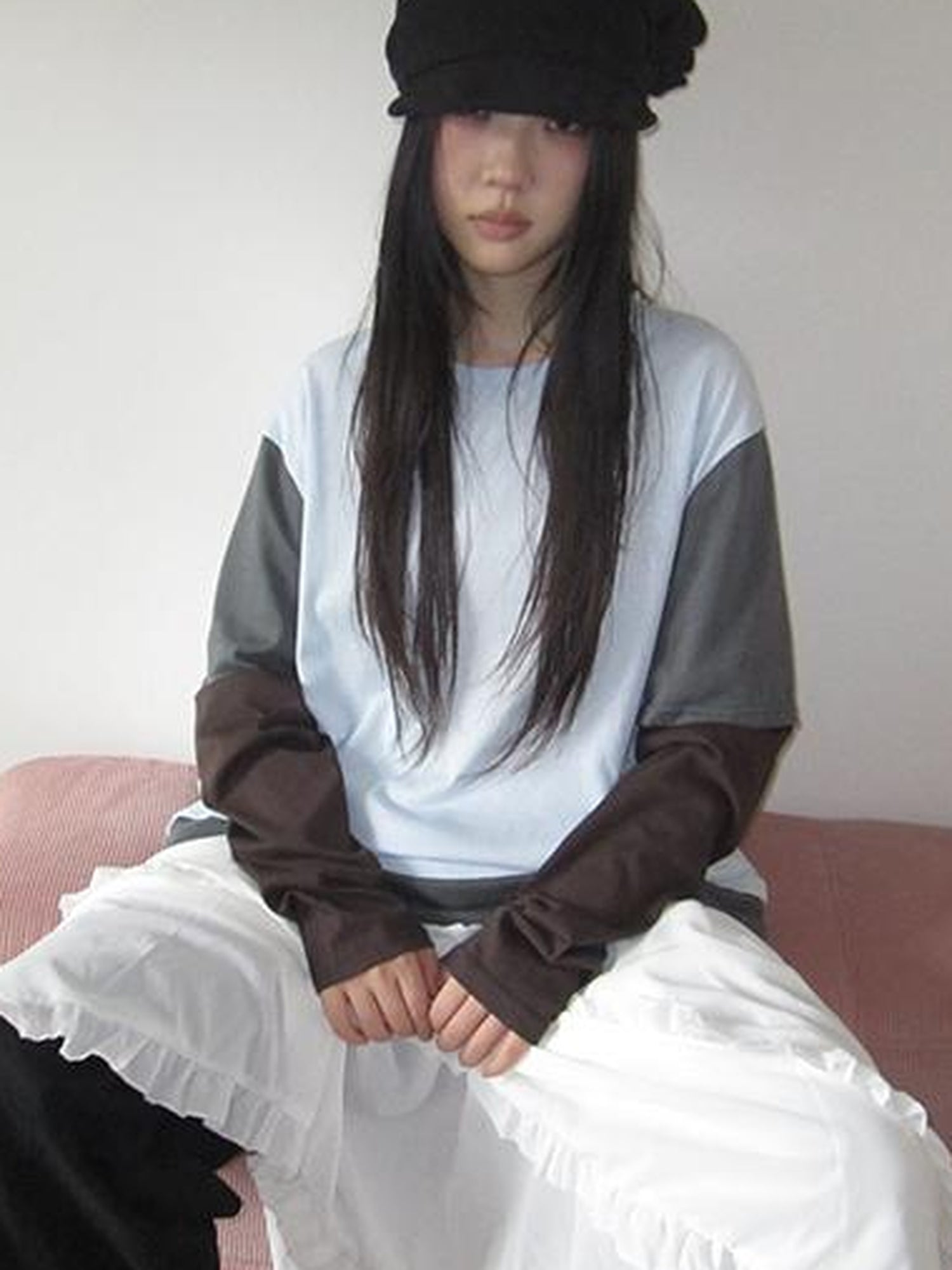 Updateang project Japanese Style Color Block Drop Shoulder Long Sleeve T-shirt