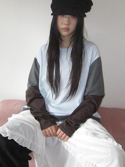 Updateang project Japanese Style Color Block Drop Shoulder Long Sleeve T-shirt
