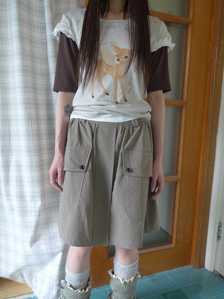 ang project Khaki Green Vintage Utility High Waist Pocket Women&