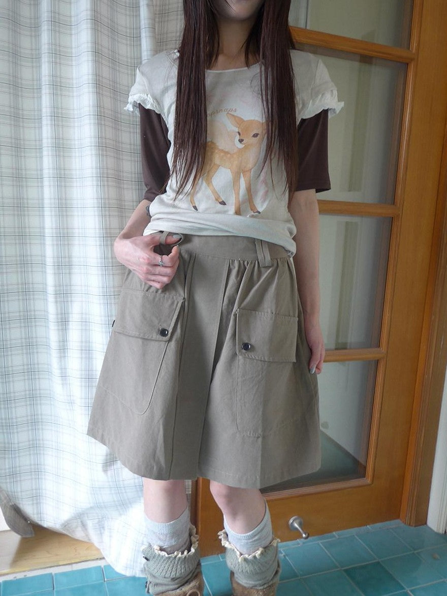ang project Khaki Green Vintage Utility High Waist Pocket Women&