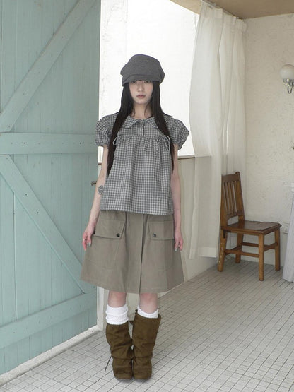 ang project Khaki Green Vintage Utility High Waist Pocket Women&