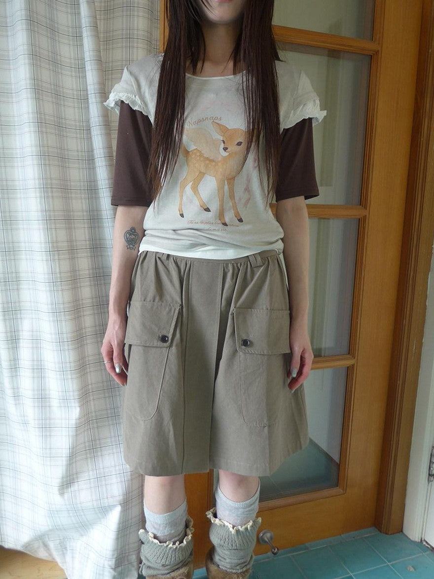 ang project Khaki Green Vintage Utility High Waist Pocket Women&