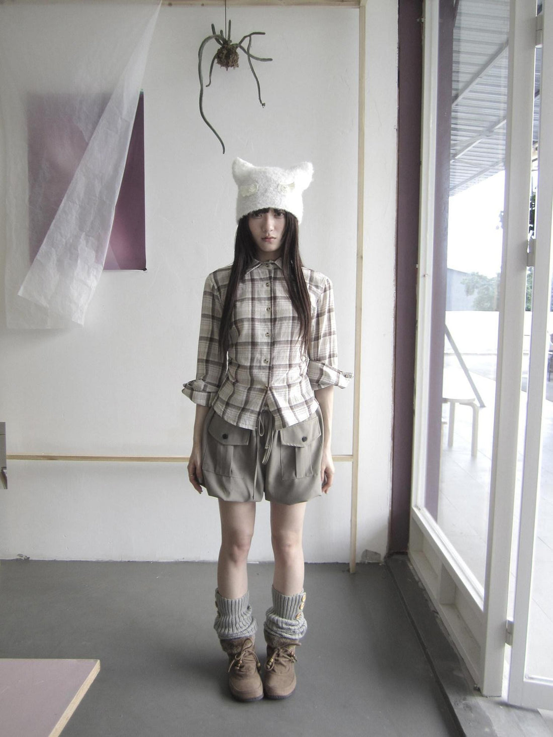 ang project Khaki Plaid Turn Down Collar Cinched Waist Women&