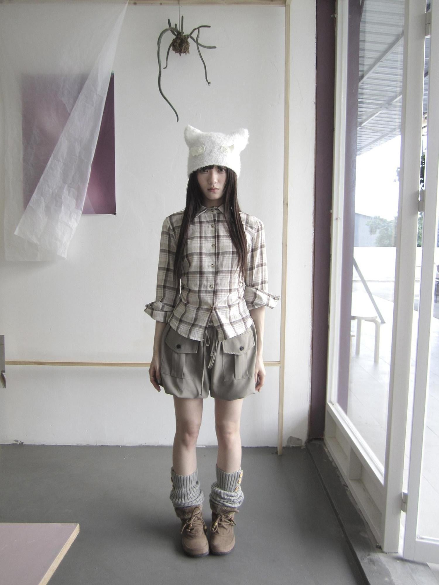 ang project Khaki Plaid Turn Down Collar Cinched Waist Women&