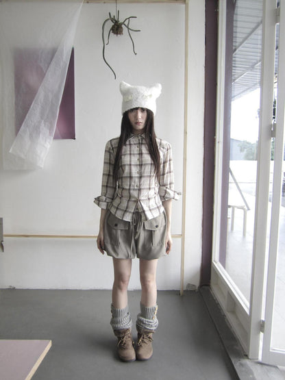 ang project Khaki Plaid Turn Down Collar Cinched Waist Women&